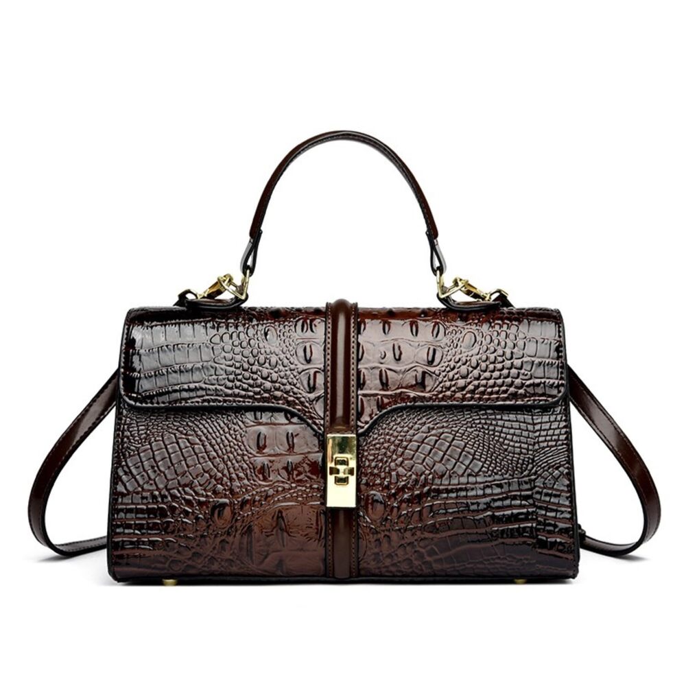 8609 Vegan Leather Satchel Shoulder Bag Trendy Crocodile Patterned Totes